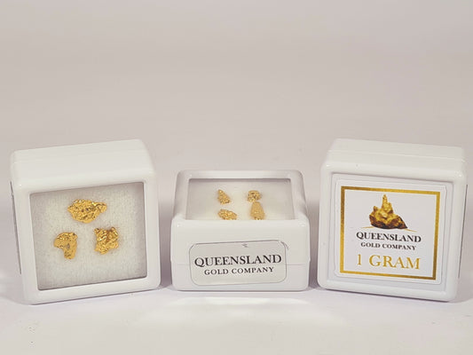Queensland Gold Company one gram natural gold nugget allocations in branded display cases